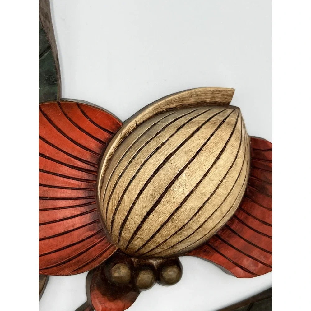 MCM Syroco Flower Wall Hanging Plaque Wood Grain Orange Green Leaves 1964 VTG